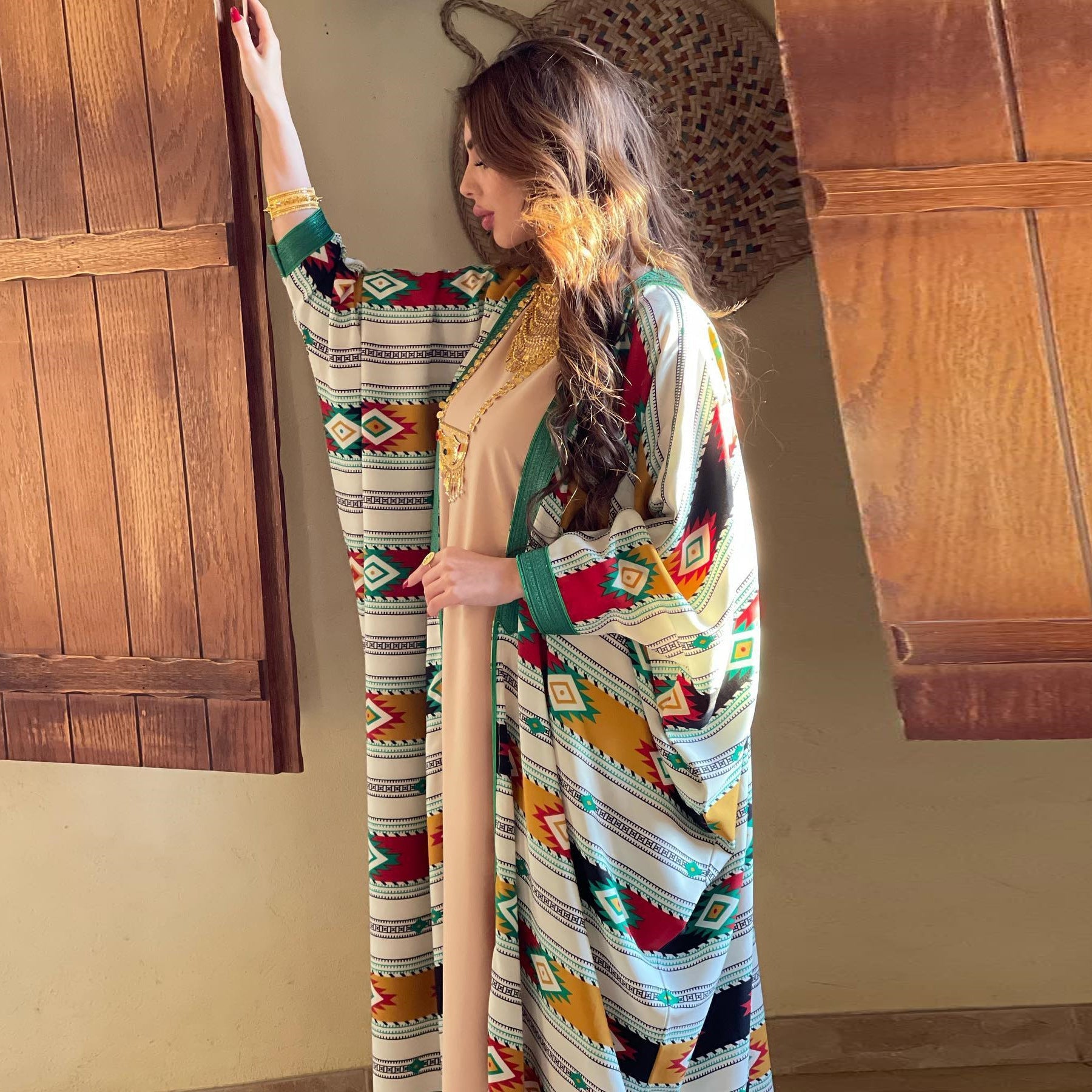 Fashion Women Wear Striped Batwing Sleeve Muslim Vest Jacket Two-piece Set
