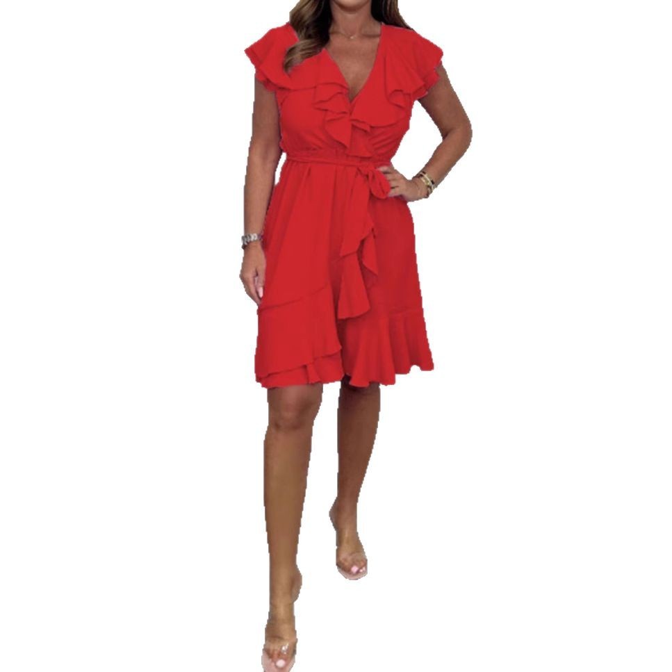 V-neck Waist-controlled Skirt Ruffled Solid Color Dress Women