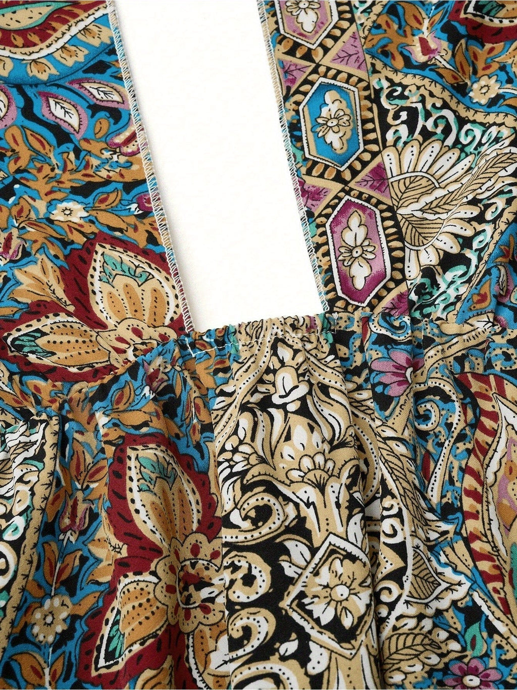 Women Print Maxi Dress High Waisted Cross Halter Neck With Tie Detail,Flowing Vacation Gown In Teal, Blue-Green & Brown Paisley   Pattern, Machine Washable, Summer Fashion Decorative Tie Detail