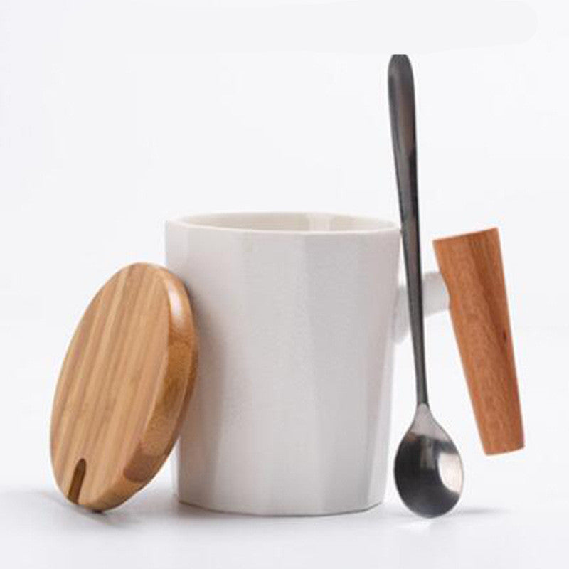 Simple Solid Color Mug With Wooden Handle Ceramic Mug