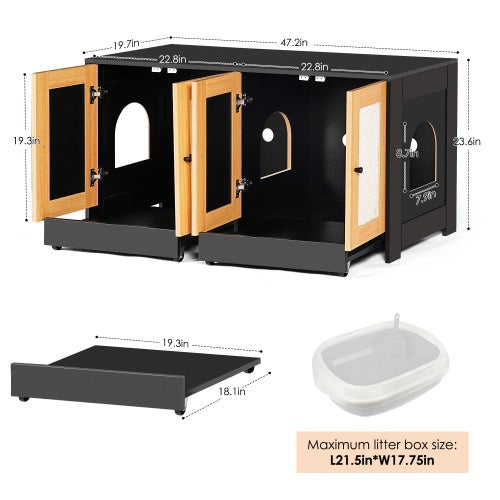 Double Litter Box Enclosure,Cat Litter Box Enclosure For 2 Cats, Hidden Litter Box Furniture With Rattan Doors, 47 L X 19.8 W X 21.8  H,Black