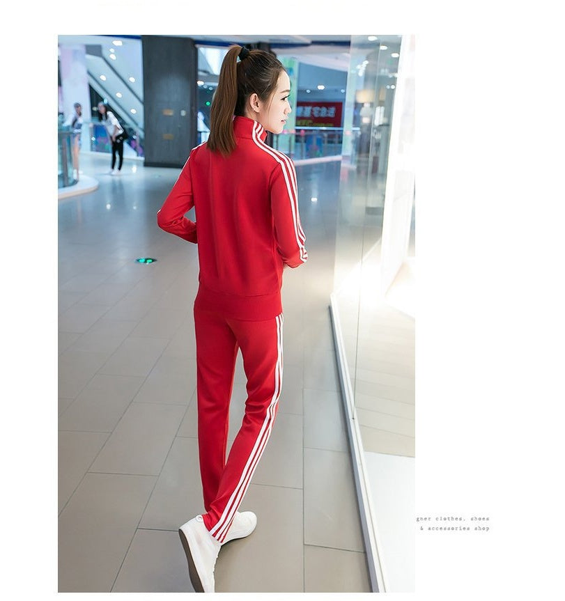Spring and Autumn New Korean Fashion Running Sportswear Set Female Student Stand Collar Three Bars Two Piece Set Women