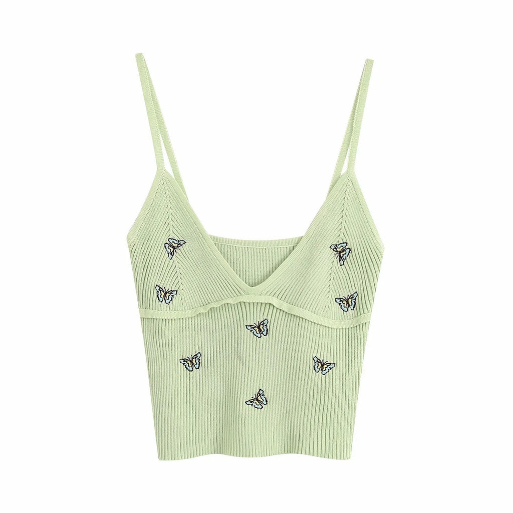 Women Fashion Butterfly Embroidery Cropped Knitted Blouses Vintage