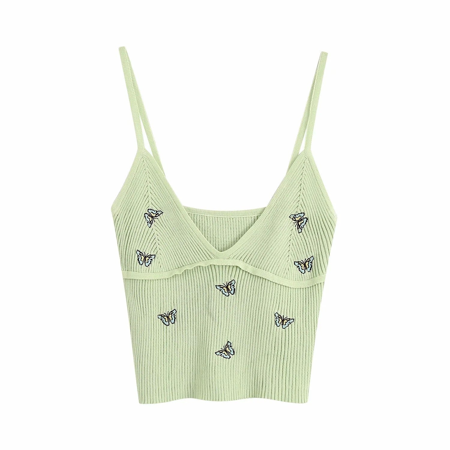 Women Fashion Butterfly Embroidery Cropped Knitted Blouses Vintage