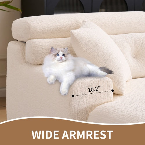 LY-029B WHITE COMPRESSION SOFA Combining Chaise Longue With 3-seater  Wood Grain Chenille Fabric, Full Sponge Compression Sofa,combined Sofa With 2 Pillows For Living Home Furniture