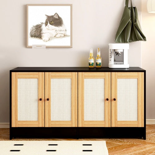 Double Litter Box Enclosure,Cat Litter Box Enclosure For 2 Cats, Hidden Litter Box Furniture With Rattan Doors, 47 L X 19.8 W X 21.8  H,Black