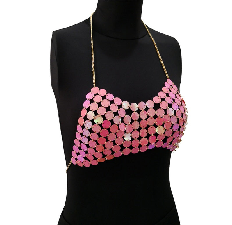Sexy Metal Chain Tank Top Womens Silver Sparkly Sequins Hollow Plain Backless Club Vest Women Summer Beach Crop Tops