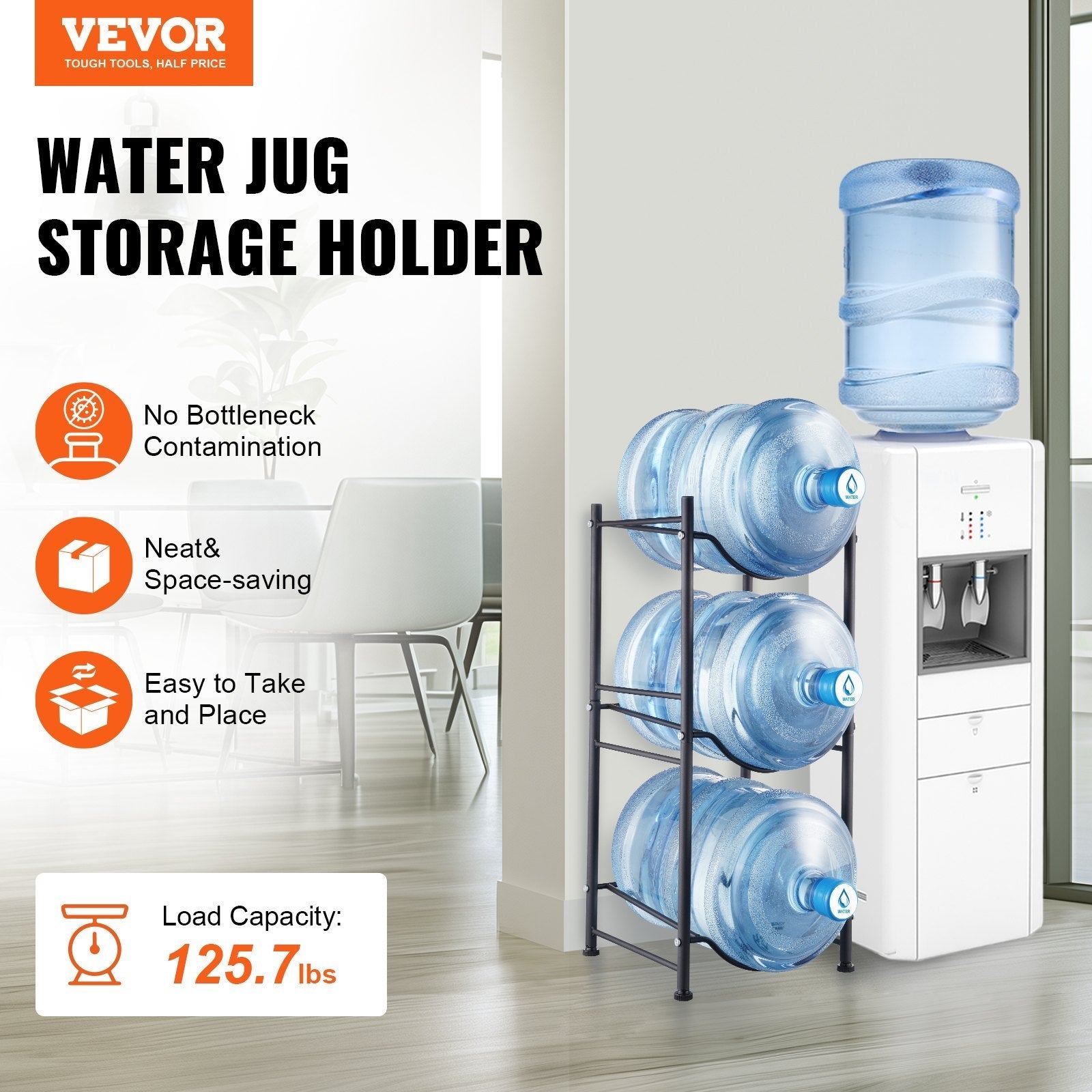 VEVOR 3 Tiers Water Jug Holder Single Row Water Bottle Rack For 3 Bottles Black