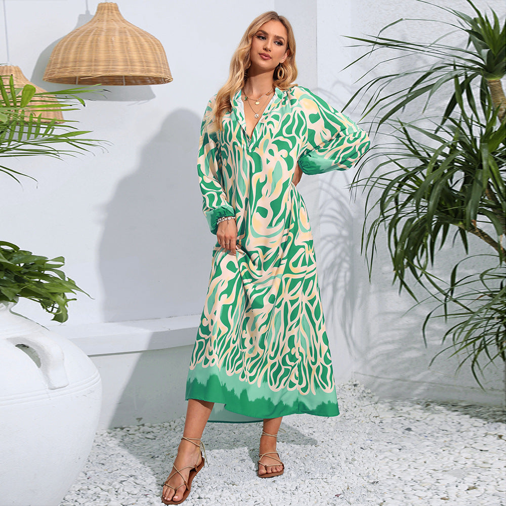 V-neck Abstract Printing Loose Long Style Long Sleeve Women's Dress