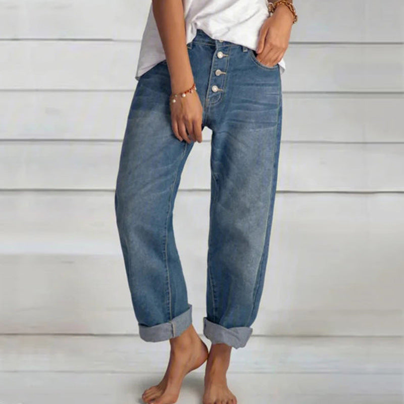 New Jeans Loose Leisure All-matching Simple And Thin Half-length Pants Straight-leg Pants Women