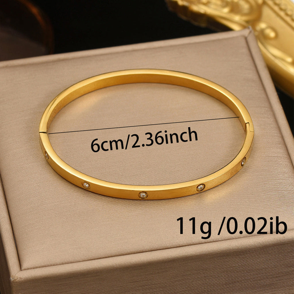 Lxalry 18K Gold Plated Stainless Steel Minimalist Bracelet Hypoallergenic Circle Rhinestone Jewelry  Secure Inlay Tarnish Free Design Skin Safe Luxury Gift For Her Golden Hour Glow, Everyday Wear A
