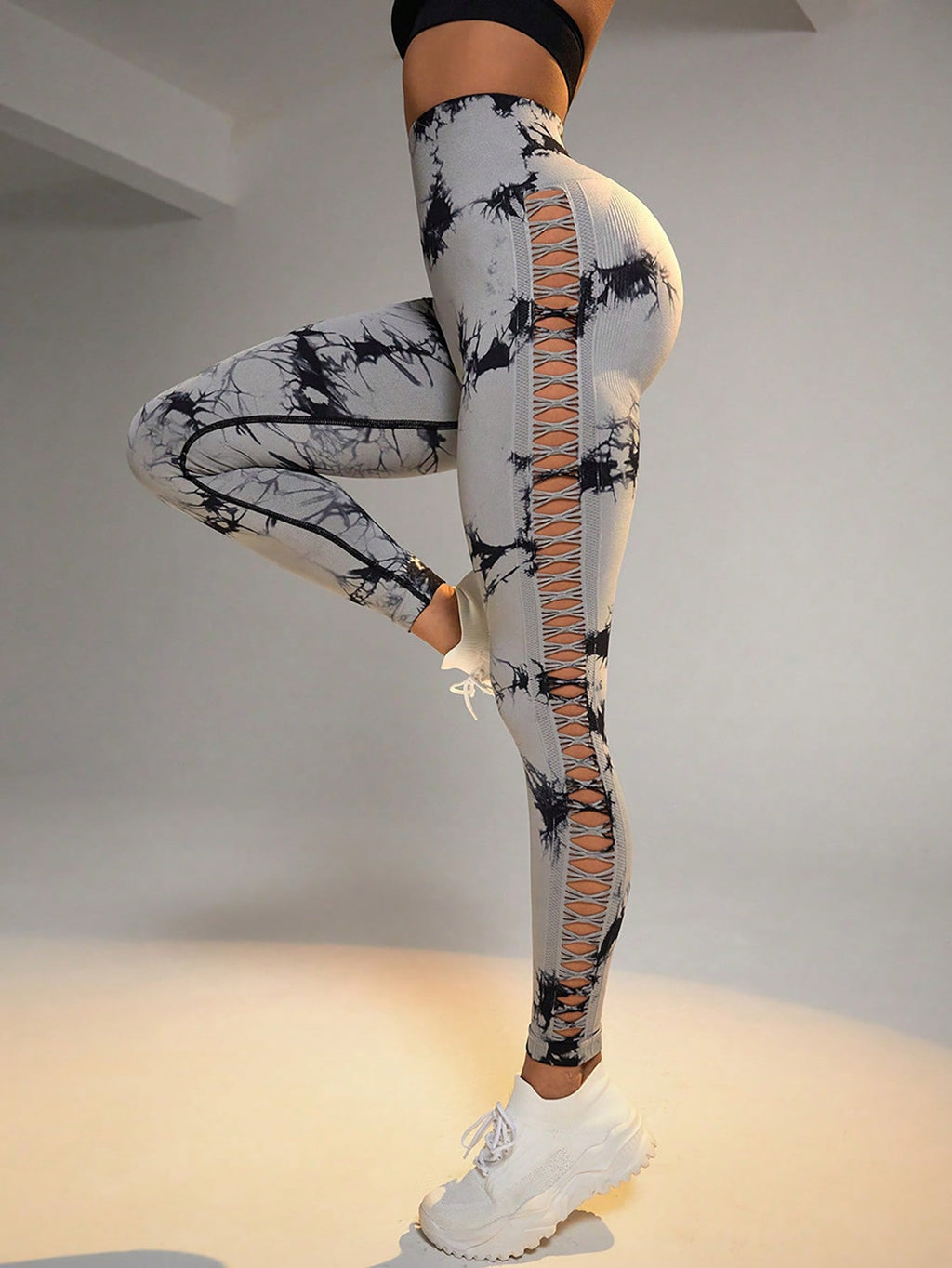 Cut Out Side Hollow Tie Dyed Yoga Pants, High Waist And Hip Lifting Fitness Pants With Side Hollow Seamless Sports Tights, Workout Gym Yoga Pants Scrunch Butt Lift Tights