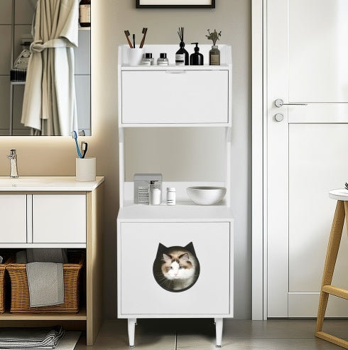 Litter Box Enclosure With Shelves And Doors White Wooden Hidden Cat Litter Box Furniture Industrial Indoor Cat House Washroom Pet Crate Storage Cabinet