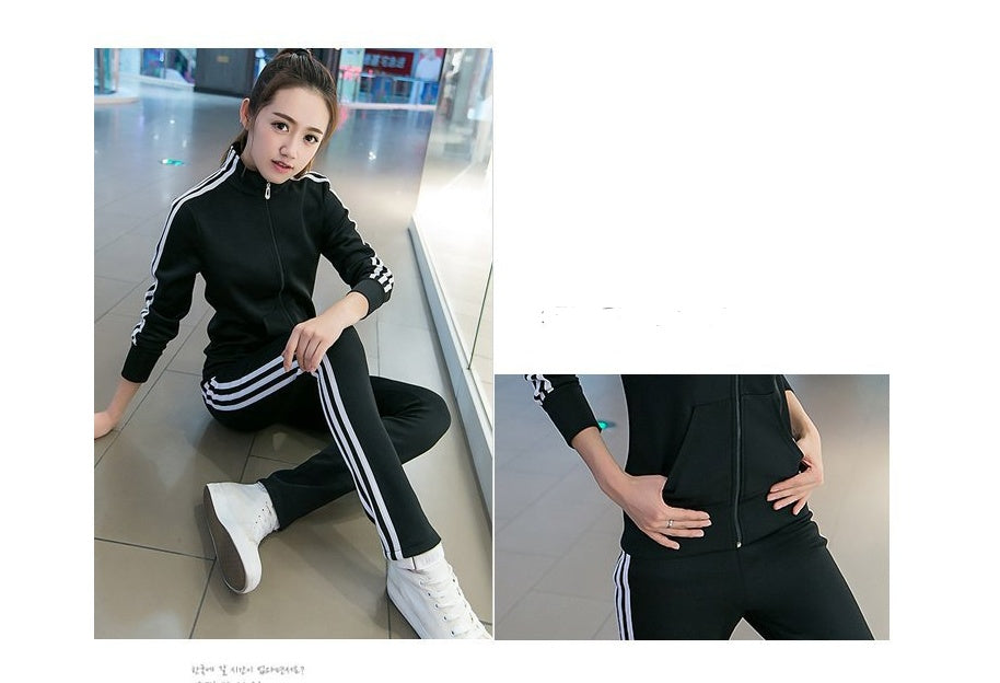 Spring and Autumn New Korean Fashion Running Sportswear Set Female Student Stand Collar Three Bars Two Piece Set Women