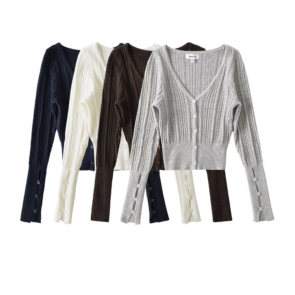 American Hot Girl Pure Desire Sexy V-neck Single-breasted Long Sleeve Sweater