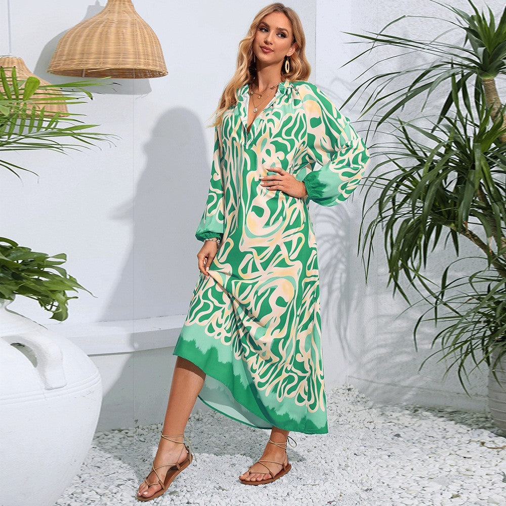 V-neck Abstract Printing Loose Long Style Long Sleeve Women's Dress