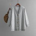 V-neck Cardigan Sweater Casual Loose Diamond Plaid Sweater Coat