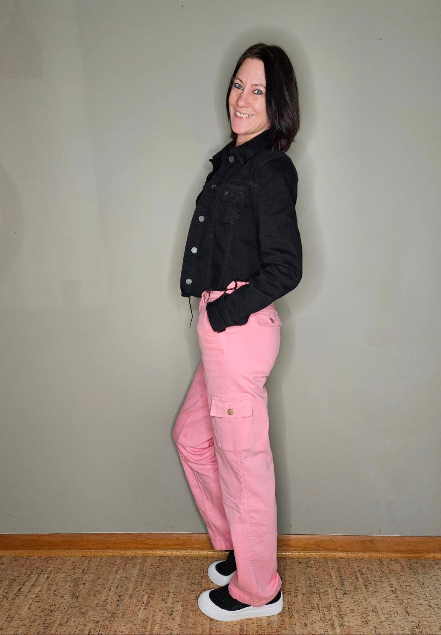 Peggy High Rise Cargo Straight Jeans in Pink