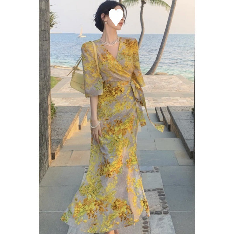 Internet Celebrity Yellow Battle Robe French Style Floral Tea Dress