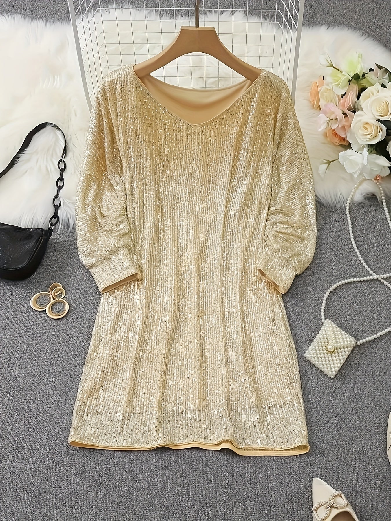 Vibrant Bodycon V-Neck Long Sleeve Sequin Dress - Shimmering Contrast Details, Mid-Elastic Polyester Fabric, Sexy Party Wear For Women - All-Season, No Sheer, Knit Fabric Construction