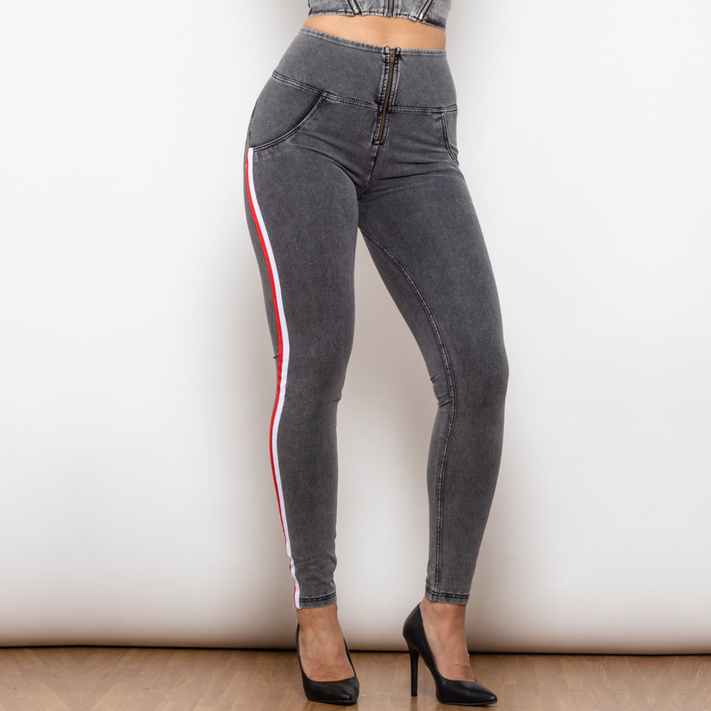 Shascullfites Melody High Waist Dark Thread Grey Jeans With Stripe Jeans Bum Lift Pants Shaping Jeggings Women Pants