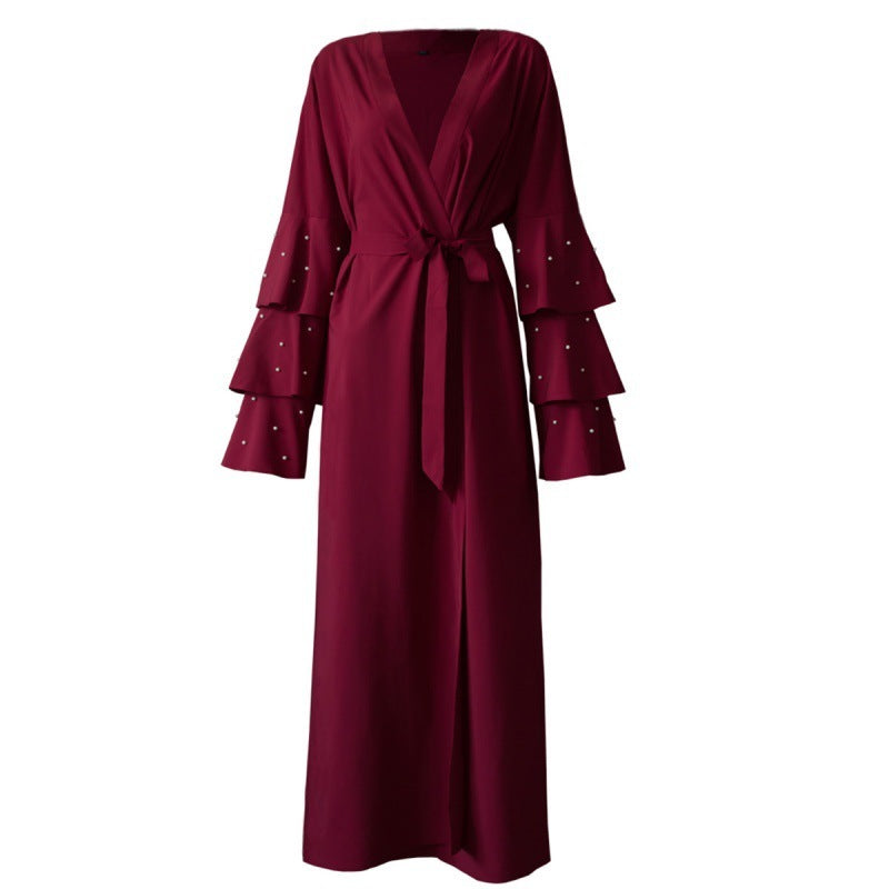 Muslim Fashion Bead Flare Sleeve Tie-neck Cardigan