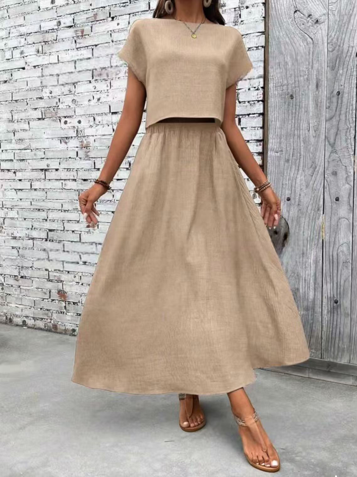 2 Piece Set Women's Solid Color Short Sleeve Top And Casual A- Line Dress Suit