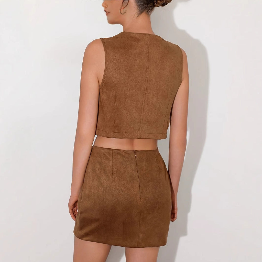 Western Denim Style V-neck Tassel Short Slim Fit Women's Sleeveless Vest Jacket Set