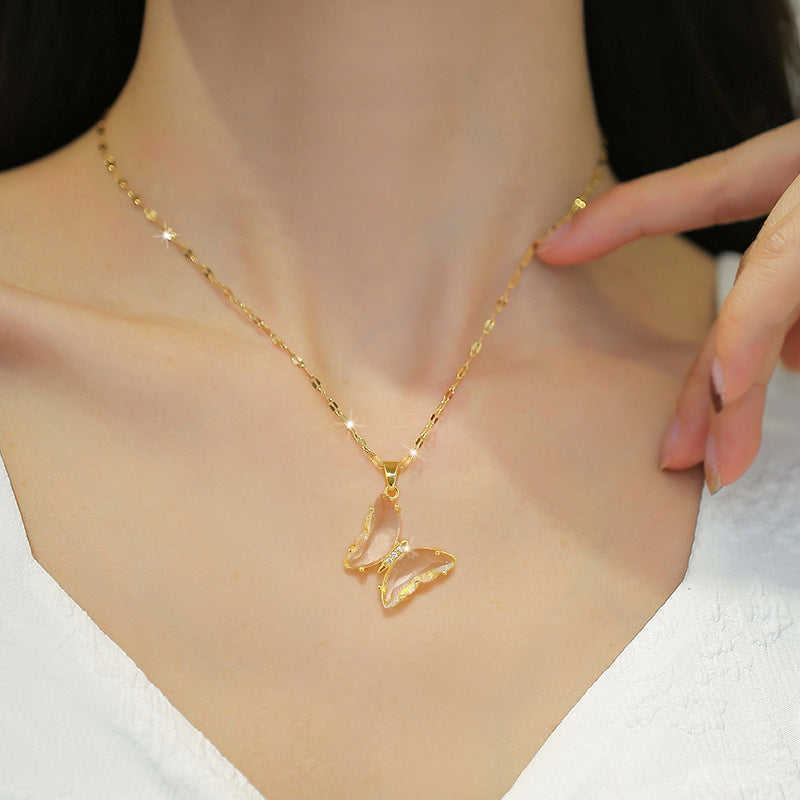 European And American Ins Crystal Zircon Butterfly Pendant Necklace
