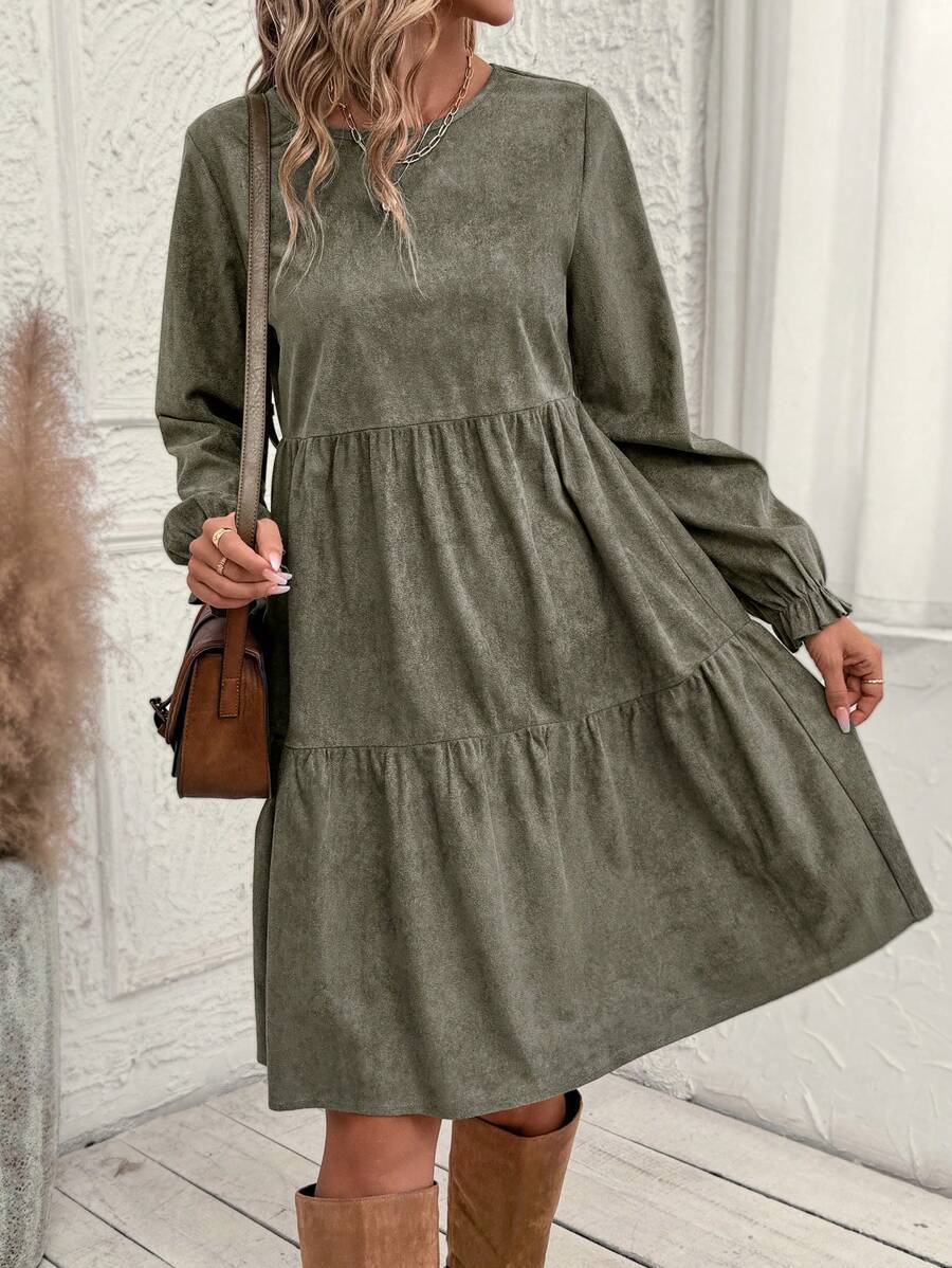 Women's Casual Solid Color Ruffle Sleeve Midi Dress Spring And Autumn