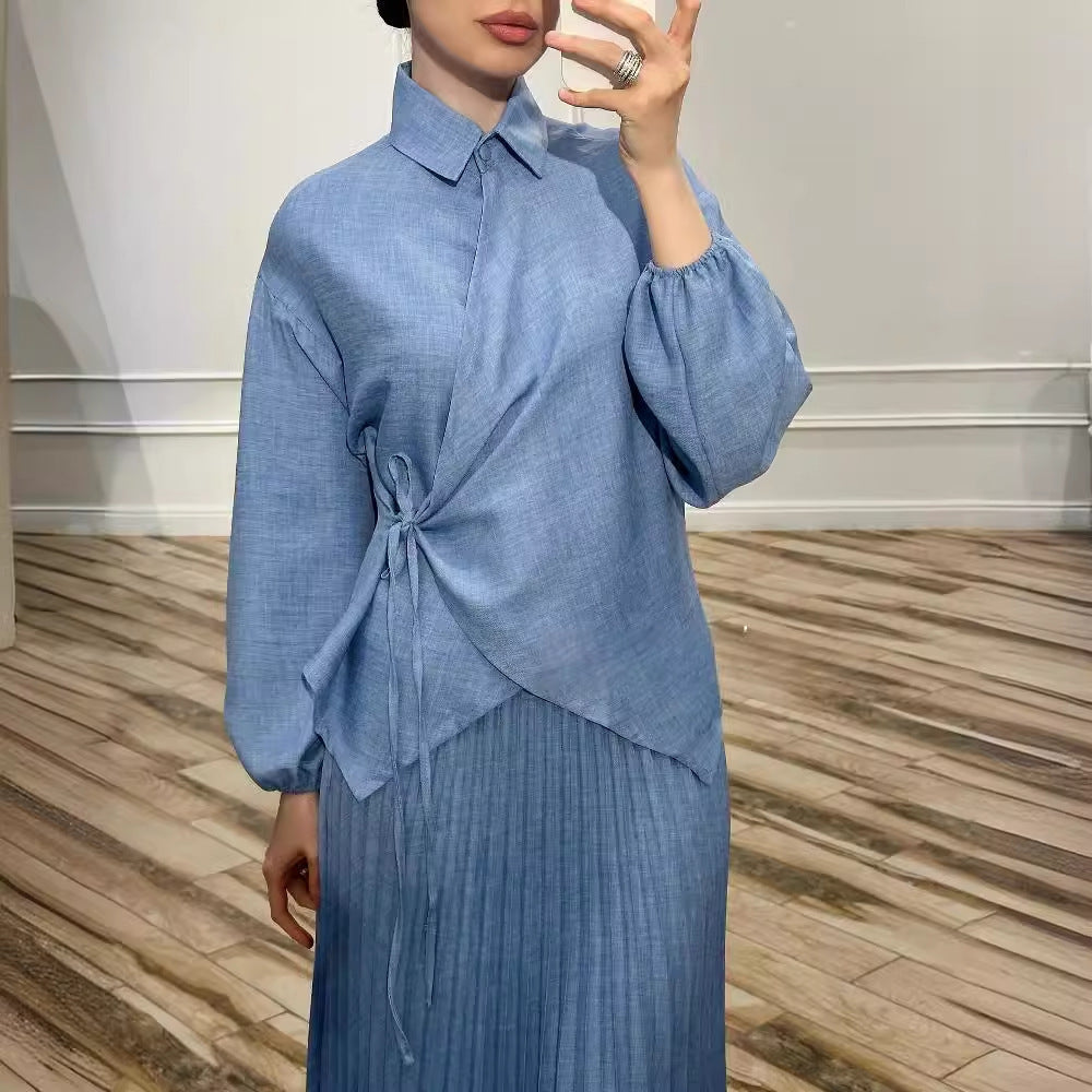 New Women's Muslim Style Elegant Fashion Pleated Skirt Tied Top