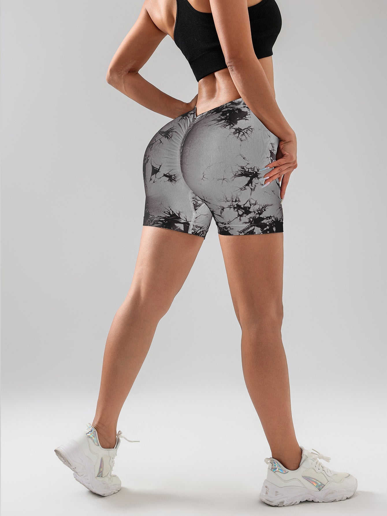 Women's Tie Dye High Waist V-Back Scrunch Yoga Shorts, Seamless Sport Athletic Shorts With Stretch Fabric, Fitness Workout Bottoms