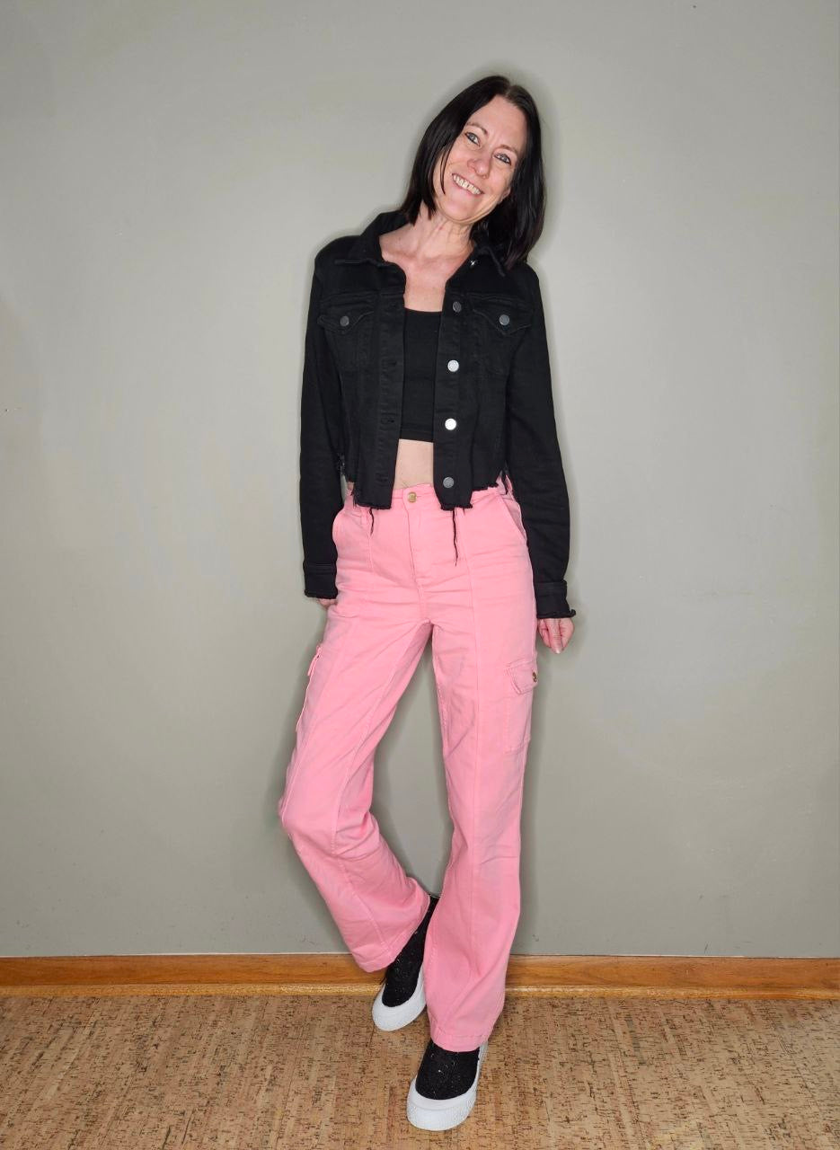 Peggy High Rise Cargo Straight Jeans in Pink