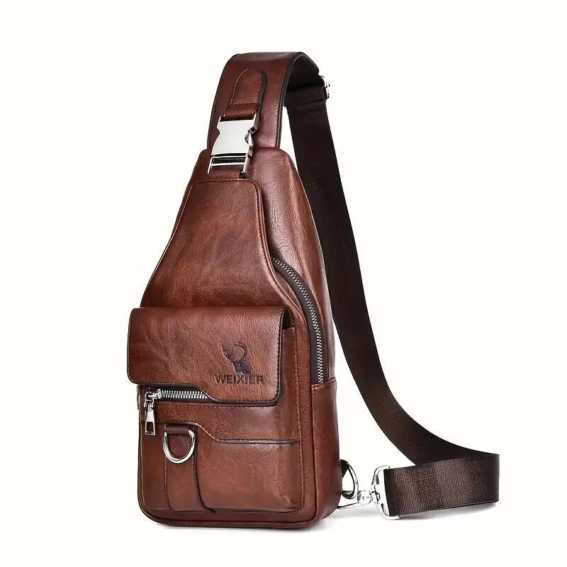 Premium PU Leather Vintage-Style Chest Bag - Spacious Multi-Compartment Crossbody Bag With Waterproof Design, Large Capacity, And Stylish Casual Look For Men