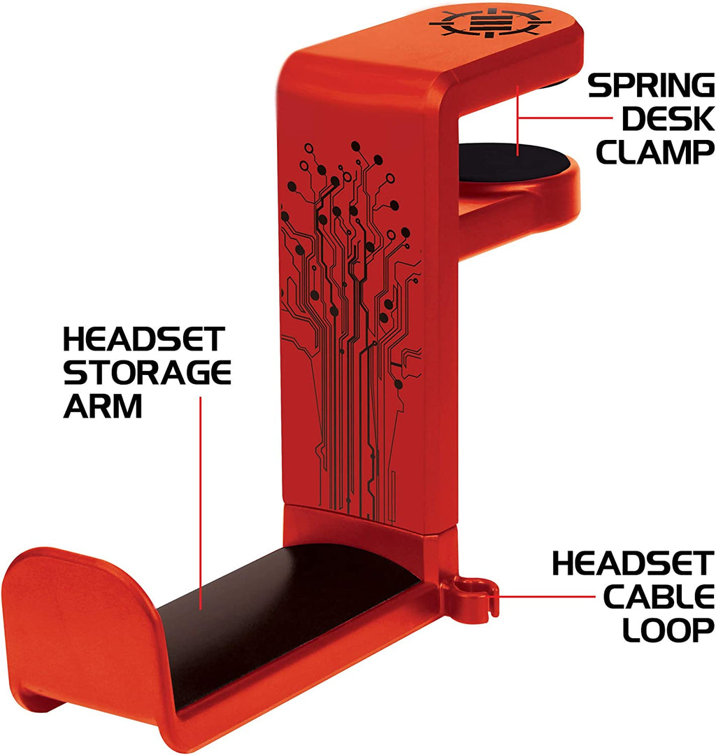 PC Gaming Headphone Holder - Desk Headphone Hanger Esports Headset Holder with Adjustable 360 Rotation, under Desk Headphone Hook Clamp, Universal Fit - Built in Cable Clip Organizer - Red