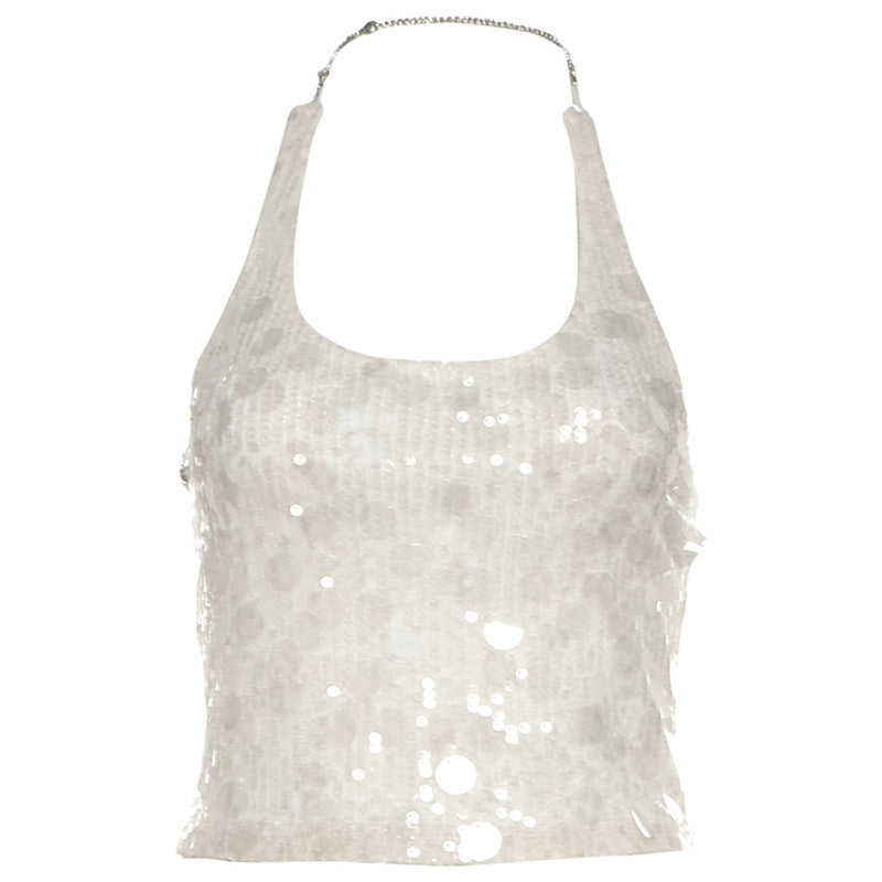 Solid Color Sleeveless Halter Sequins Cropped Tank Top Women