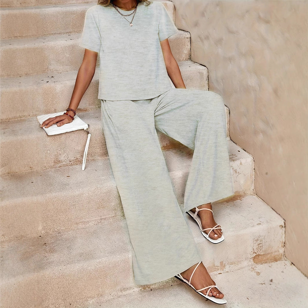 Women's Summer Fashion Solid Color Round Neck Top Paired With Casual Wide Leg Pants Set