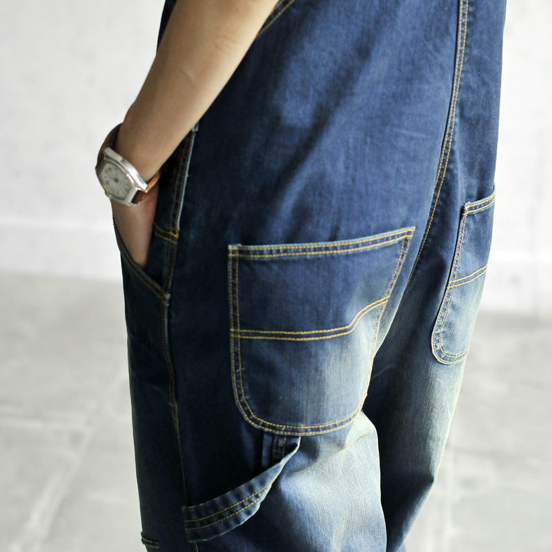 large size worn light color strap jeans women casual loose thin denim wide leg pants tide