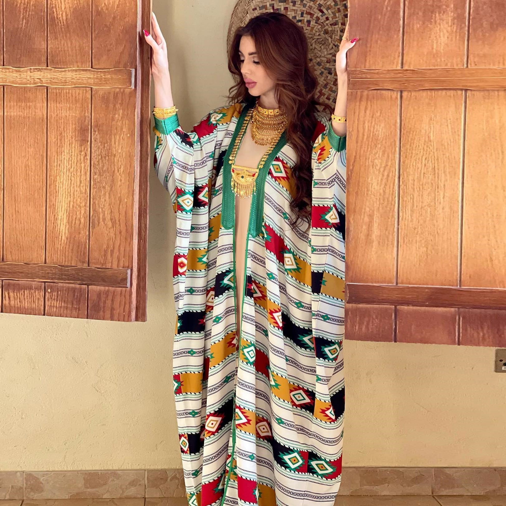 Fashion Women Wear Striped Batwing Sleeve Muslim Vest Jacket Two-piece Set