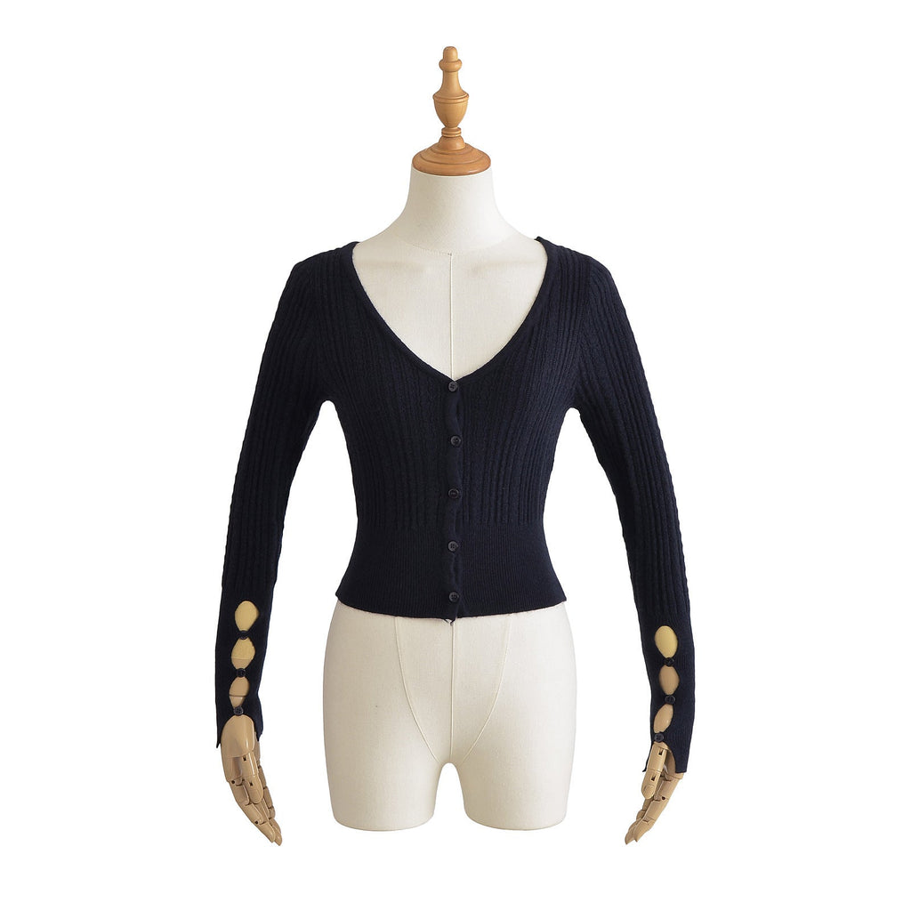 American Hot Girl Pure Desire Sexy V-neck Single-breasted Long Sleeve Sweater