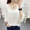 Hollow-out Short-sleeved Loose Knitted Shirt V-neck