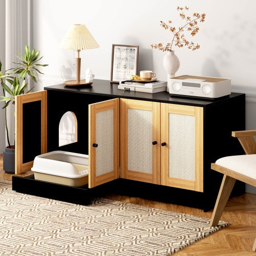 Double Litter Box Enclosure,Cat Litter Box Enclosure For 2 Cats, Hidden Litter Box Furniture With Rattan Doors, 47 L X 19.8 W X 21.8  H,Black