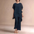 Women's Solid Color Asymmetrical Hem Round Neck Chiffon Top Paired With Straight Leg Pants Set