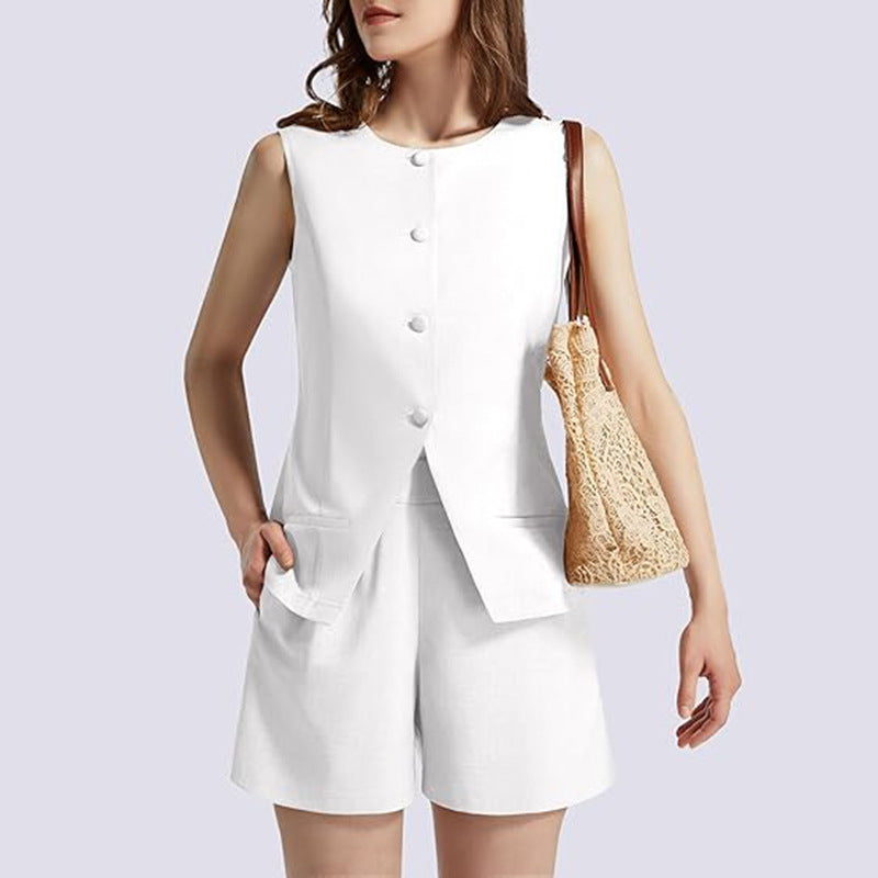 2-piece Sleeveless Round Neck Button High-waisted Trousers Business Work Suits