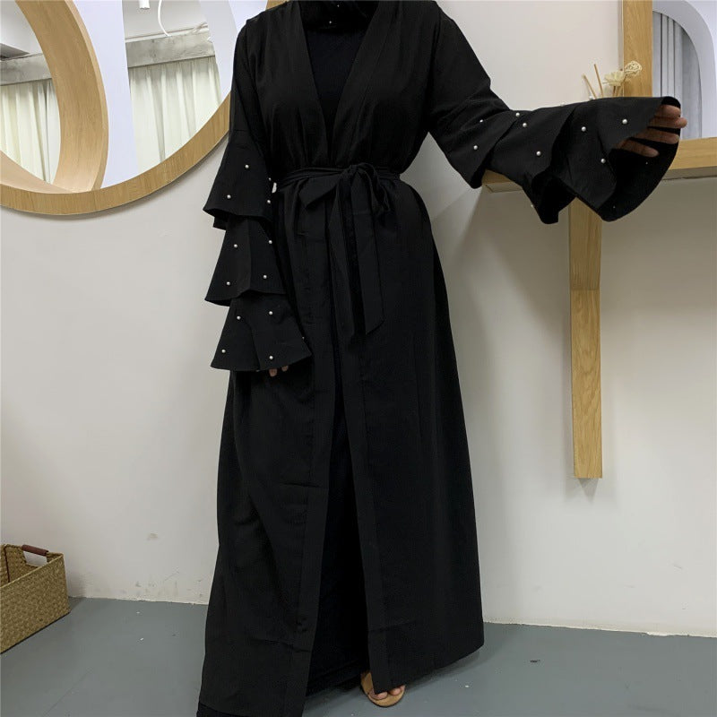 Muslim Fashion Bead Flare Sleeve Tie-neck Cardigan