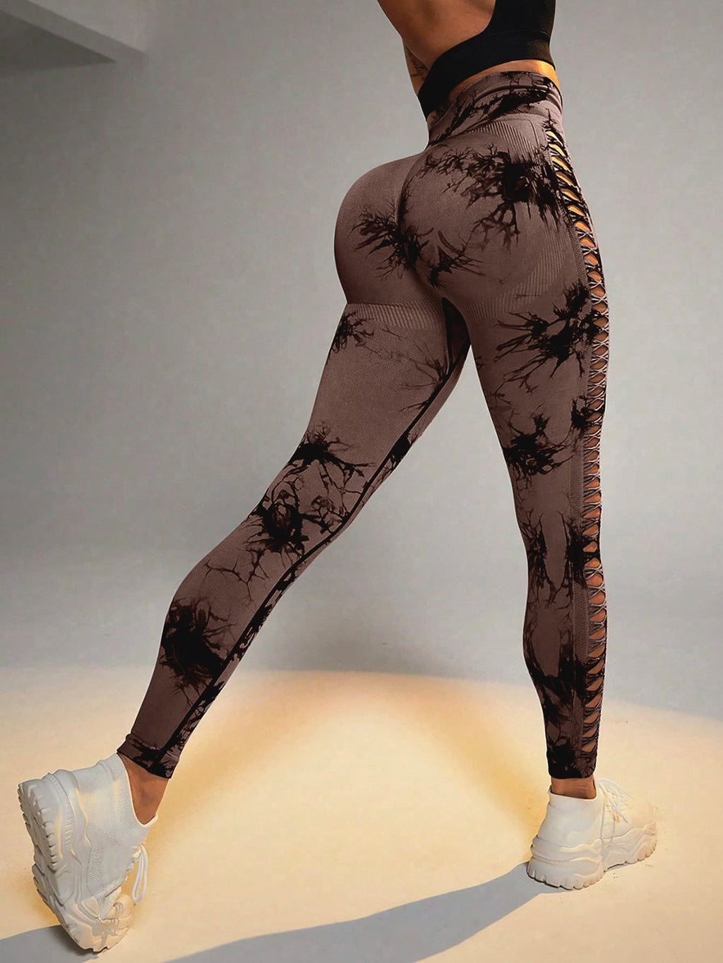 Cut Out Side Hollow Tie Dyed Yoga Pants, High Waist And Hip Lifting Fitness Pants With Side Hollow Seamless Sports Tights, Workout Gym Yoga Pants Scrunch Butt Lift Tights