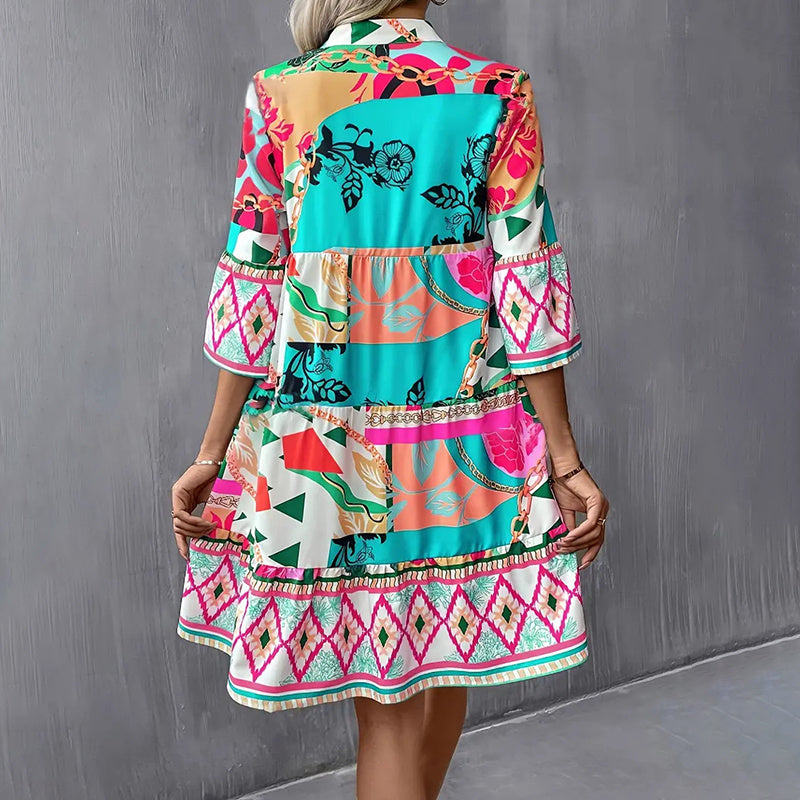 Womens Mini Dress Casual V-Neck Printed Flared Sleeve Pleated Short Beach Dresses