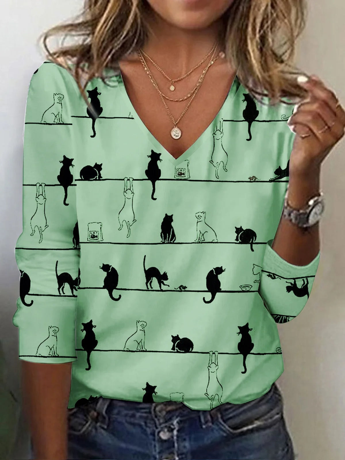 Fall Winter Fashion Printing Long-sleeve T-shirt Sexy Temperament Collar Top Slim Women's Clothing Animal And Plant Printing
