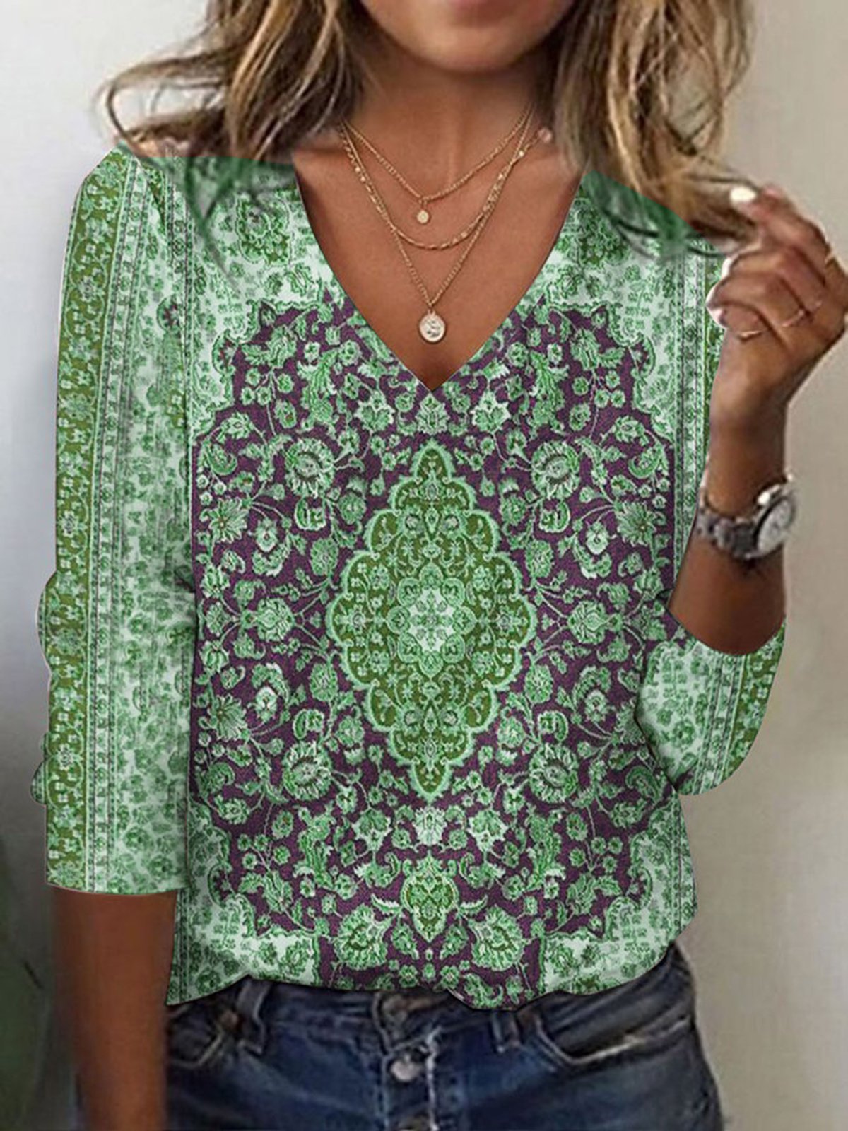 Fall Winter Fashion Printing Long-sleeve T-shirt Sexy Temperament Collar Top Slim Women's Clothing Animal And Plant Printing