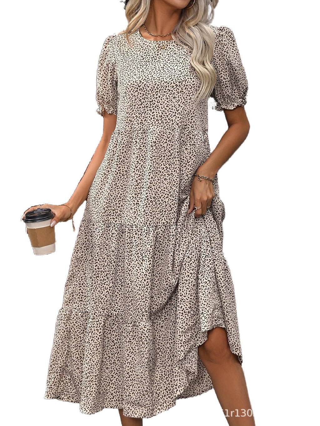 Casual Bohemian Dress Leopard Print Floral Print Pleated Puff Sleeve Jumpsuit